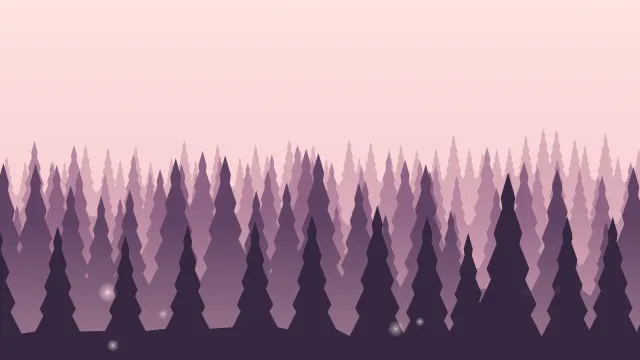 Fond d'écran animé : lucioles qui clignotent dans une forêt, aube rose