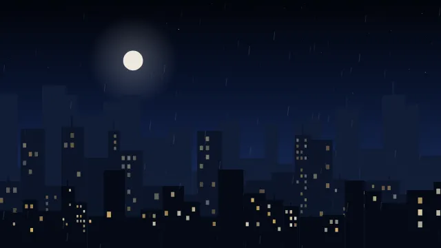 Fond d'écran animé : pluie qui tombe sur une ville la nuit, minuit