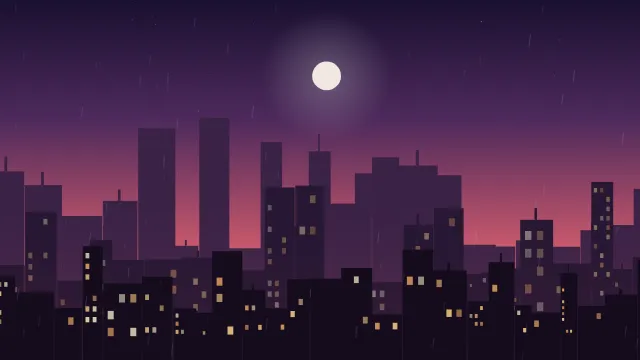 Fond d'écran animé : pluie qui tombe sur une ville la nuit, crépuscule
