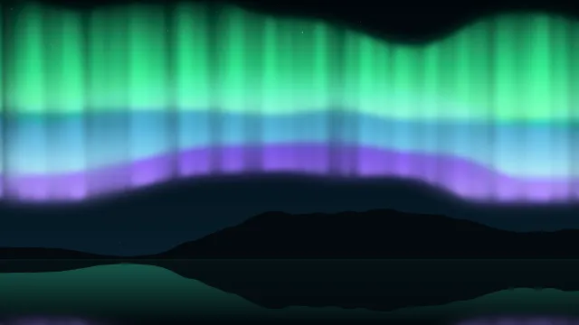 Fond d'écran aurore boréale au-dessus d’un lac et de montagnes, teintes vert polaire