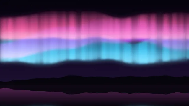 Fond d'écran aurore boréale au-dessus d’un lac et de montagnes, teintes rose polaire