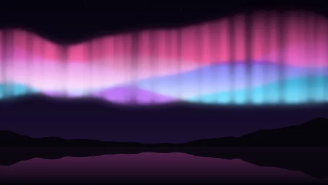 Fond d'écran aurore boréale au-dessus d’un lac et de montagnes, teintes rose polaire