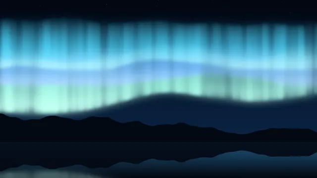 Fond d'écran aurore boréale au-dessus d’un lac et de montagnes, teintes bleu glacier