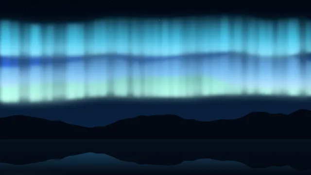 Fond d'écran aurore boréale au-dessus d’un lac et de montagnes, teintes bleu glacier
