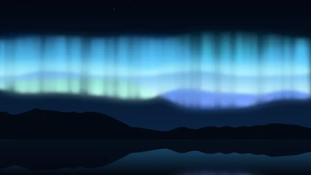 Fond d'écran aurore boréale au-dessus d’un lac et de montagnes, teintes bleu glacier