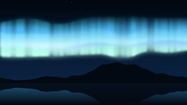 Fond d'écran aurore boréale au-dessus d’un lac et de montagnes, teintes bleu glacier