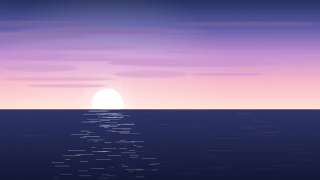 Fond d'écran coucher de soleil sur la mer avec reflets sur l’eau, teintes lilas