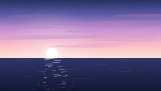 Fond d'écran coucher de soleil sur la mer avec reflets sur l’eau, teintes lilas