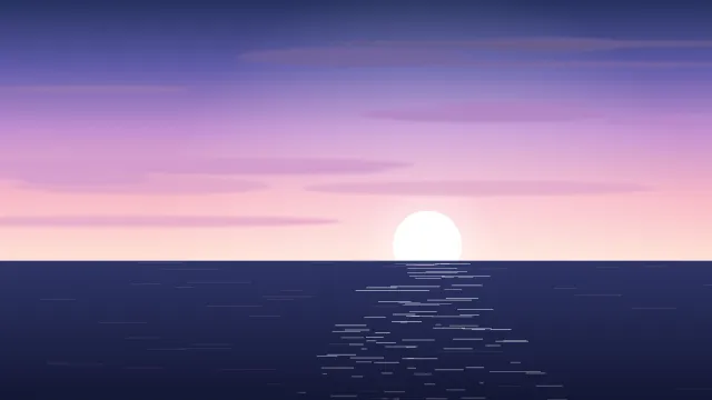 Fond d'écran coucher de soleil sur la mer avec reflets sur l’eau, teintes lilas