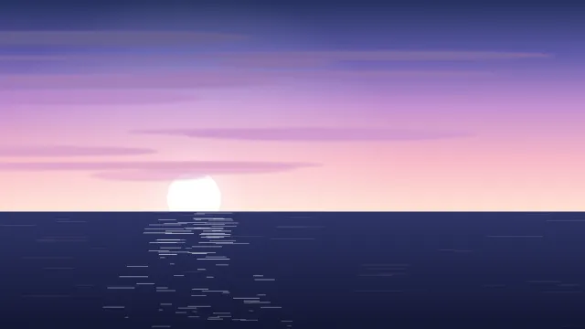 Fond d'écran coucher de soleil sur la mer avec reflets sur l’eau, teintes lilas
