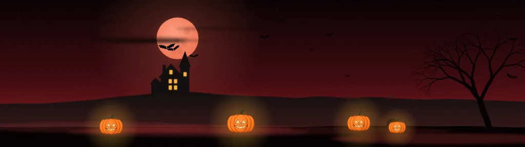 Fond d'écran nuit d’Halloween : pleine lune, chauves-souris, maison hantée, arbre nu et citrouilles, teintes lune de sang