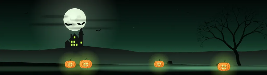 Fond d'écran nuit d’Halloween : pleine lune, chauves-souris, maison hantée, arbre nu et citrouilles, teintes brume verte