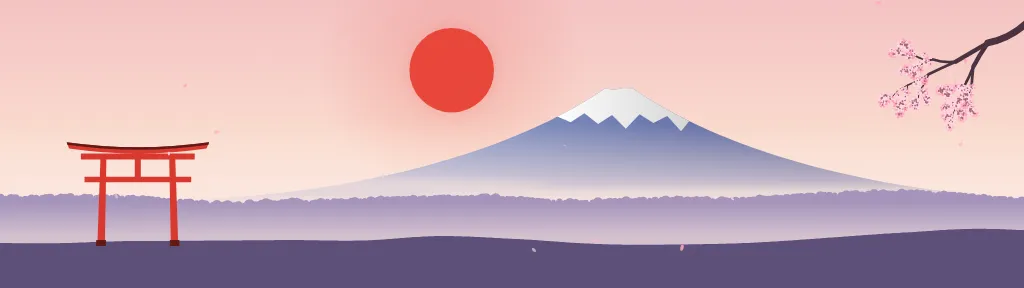 Fond d'écran paysage d’inspiration japonaise : volcan enneigé, grand soleil, portique torii et branche de cerisier en fleurs, teintes aube rose