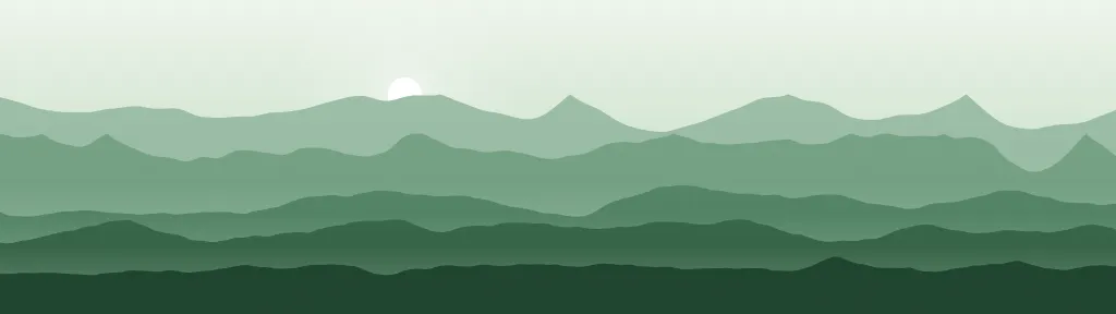 Fond d'écran chaînes de montagnes en couches dans la brume, soleil bas, teintes brume verte