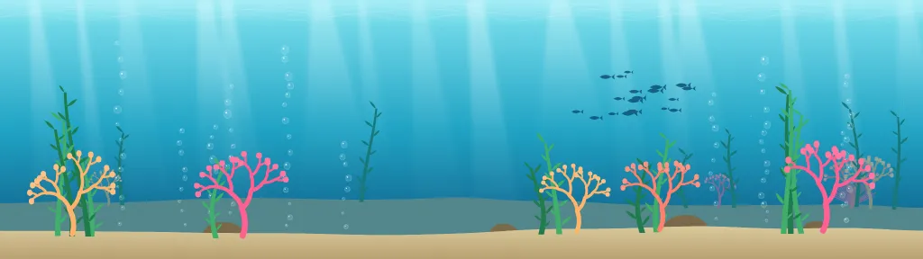 Fond d'écran fond marin : rayons de lumière, bulles, coraux, algues et banc de poissons, teintes lagon