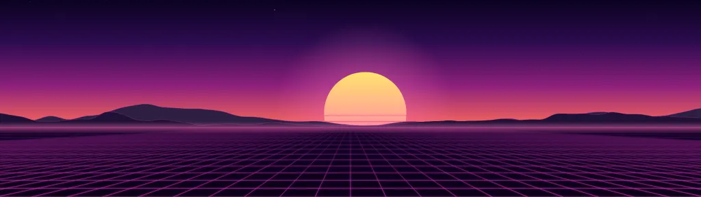 Fond d'écran soleil rétro rayé et grille néon à l’horizon, style synthwave, teintes rétro
