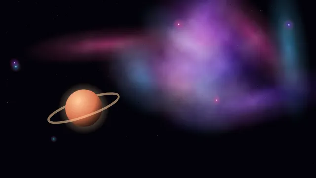 Fond d'écran nébuleuse colorée, étoiles et planète, teintes nébuleuse rose