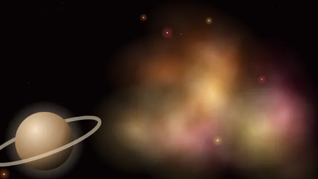 Fond d'écran nébuleuse colorée, étoiles et planète, teintes nébuleuse orange