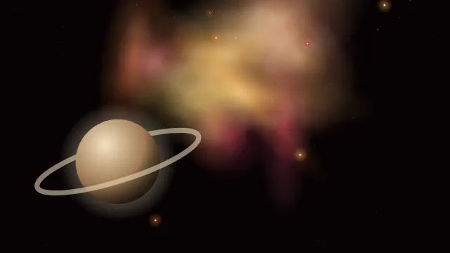 Fond d'écran nébuleuse colorée, étoiles et planète, teintes nébuleuse orange