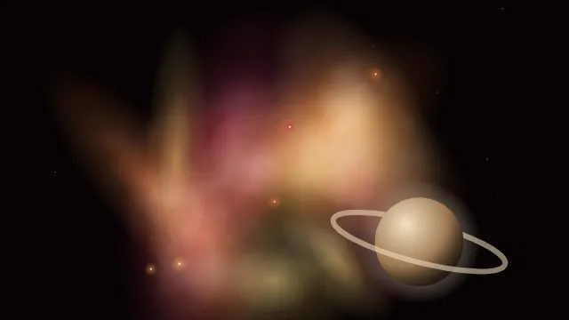 Fond d'écran nébuleuse colorée, étoiles et planète, teintes nébuleuse orange