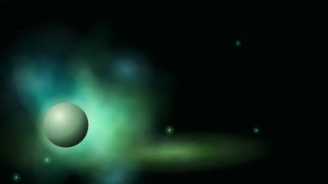 Fond d'écran nébuleuse colorée, étoiles et planète, teintes émeraude