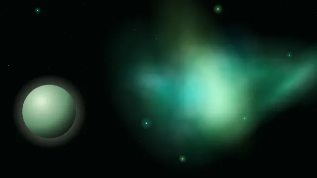 Fond d'écran nébuleuse colorée, étoiles et planète, teintes émeraude