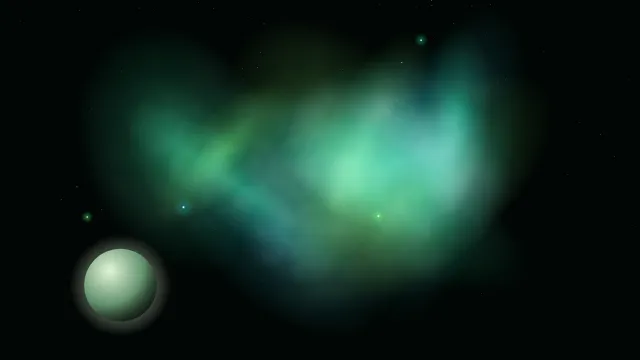 Fond d'écran nébuleuse colorée, étoiles et planète, teintes émeraude