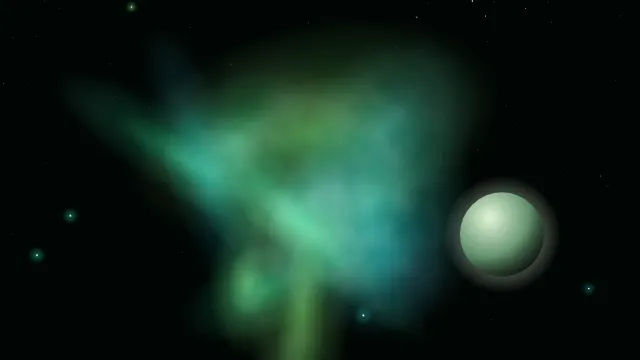 Fond d'écran nébuleuse colorée, étoiles et planète, teintes émeraude