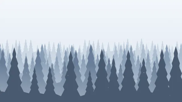 Fond d'écran forêt de sapins en couches dans la brume, teintes hiver