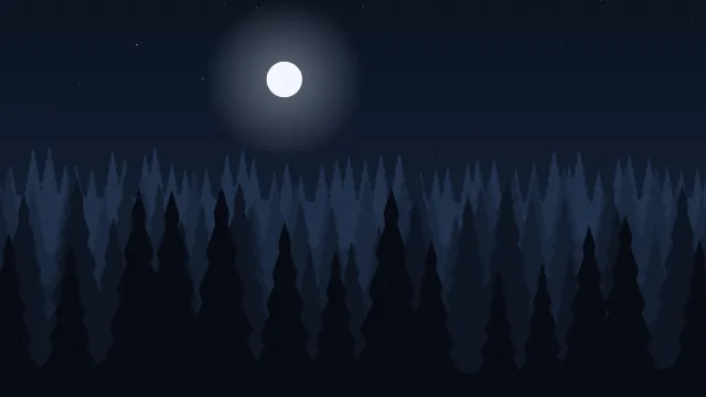Fond d'écran forêt de sapins en couches dans la brume, teintes nuit