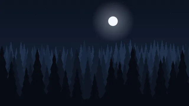 Fond d'écran forêt de sapins en couches dans la brume, teintes nuit