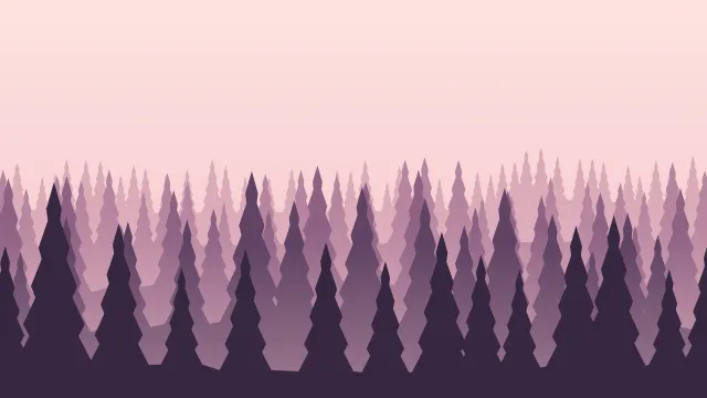 Fond d'écran forêt de sapins en couches dans la brume, teintes aube rose
