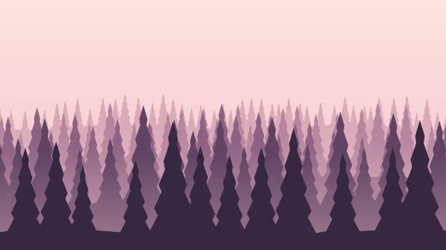 Fond d'écran forêt de sapins en couches dans la brume, teintes aube rose