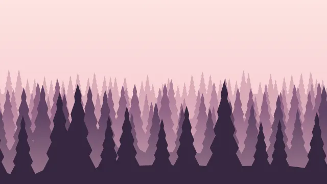 Fond d'écran forêt de sapins en couches dans la brume, teintes aube rose