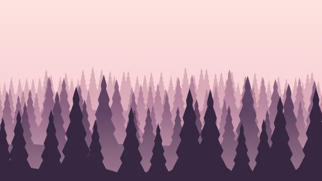 Fond d'écran forêt de sapins en couches dans la brume, teintes aube rose