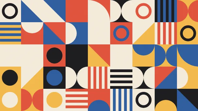 Fond d'écran motif géométrique de carrés, cercles et triangles, teintes bauhaus