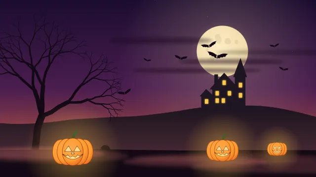 Fond d'écran nuit d’Halloween : pleine lune, chauves-souris, maison hantée, arbre nu et citrouilles, teintes citrouille
