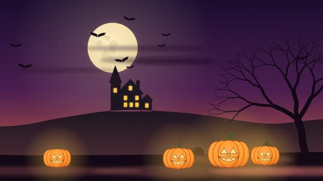 Fond d'écran nuit d’Halloween : pleine lune, chauves-souris, maison hantée, arbre nu et citrouilles, teintes citrouille