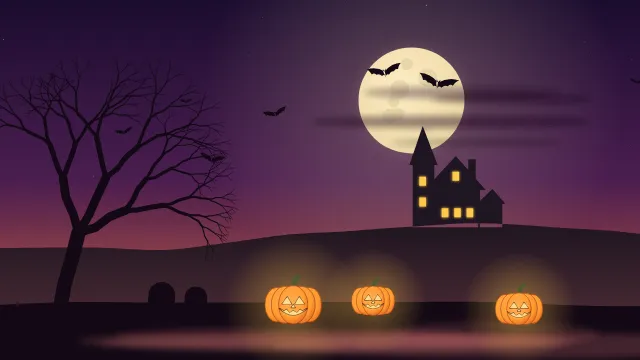 Fond d'écran nuit d’Halloween : pleine lune, chauves-souris, maison hantée, arbre nu et citrouilles, teintes citrouille