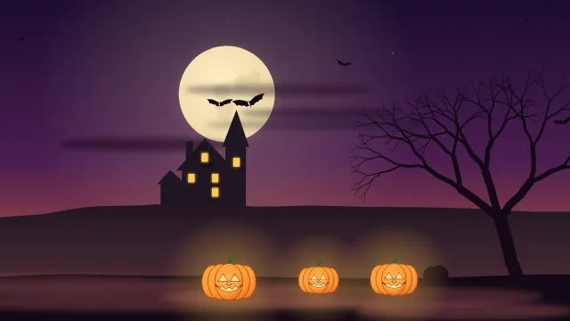 Fond d'écran nuit d’Halloween : pleine lune, chauves-souris, maison hantée, arbre nu et citrouilles, teintes citrouille