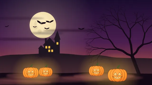 Fond d'écran nuit d’Halloween : pleine lune, chauves-souris, maison hantée, arbre nu et citrouilles, teintes citrouille