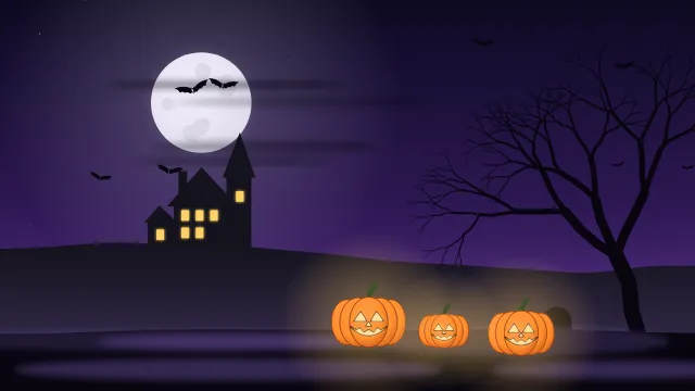 Fond d'écran nuit d’Halloween : pleine lune, chauves-souris, maison hantée, arbre nu et citrouilles, teintes nuit violette