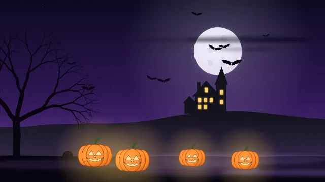 Fond d'écran nuit d’Halloween : pleine lune, chauves-souris, maison hantée, arbre nu et citrouilles, teintes nuit violette