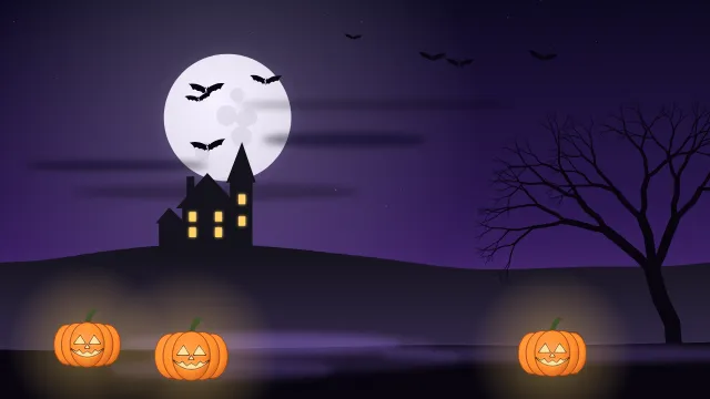 Fond d'écran nuit d’Halloween : pleine lune, chauves-souris, maison hantée, arbre nu et citrouilles, teintes nuit violette