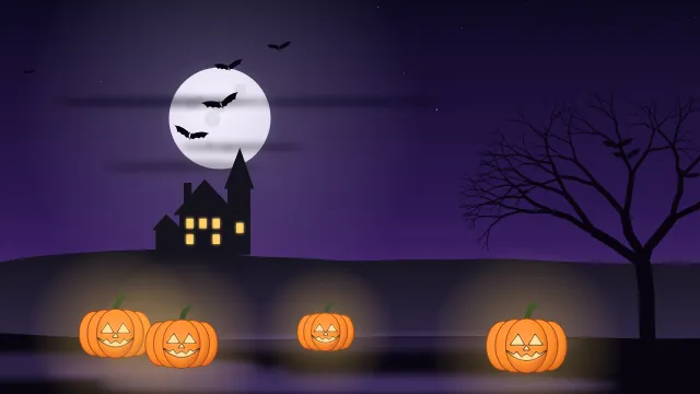 Fond d'écran nuit d’Halloween : pleine lune, chauves-souris, maison hantée, arbre nu et citrouilles, teintes nuit violette