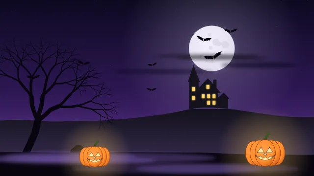 Fond d'écran nuit d’Halloween : pleine lune, chauves-souris, maison hantée, arbre nu et citrouilles, teintes nuit violette
