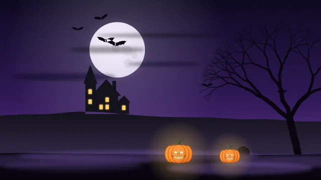 Fond d'écran nuit d’Halloween : pleine lune, chauves-souris, maison hantée, arbre nu et citrouilles, teintes nuit violette