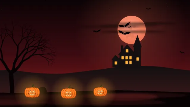 Fond d'écran nuit d’Halloween : pleine lune, chauves-souris, maison hantée, arbre nu et citrouilles, teintes lune de sang