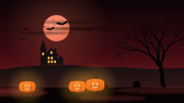 Fond d'écran nuit d’Halloween : pleine lune, chauves-souris, maison hantée, arbre nu et citrouilles, teintes lune de sang