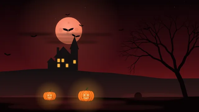 Fond d'écran nuit d’Halloween : pleine lune, chauves-souris, maison hantée, arbre nu et citrouilles, teintes lune de sang